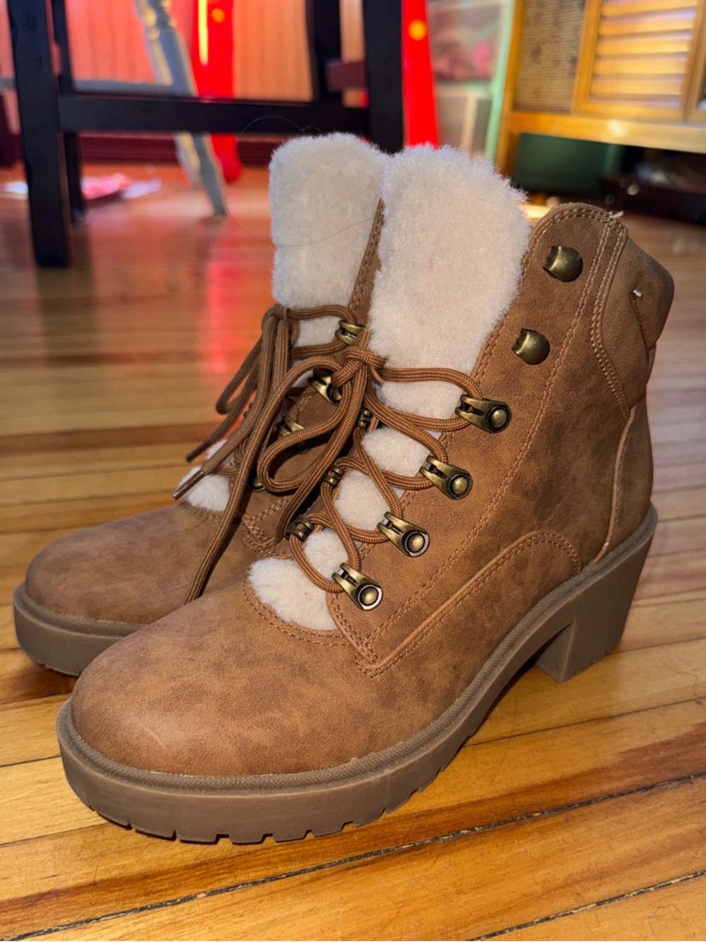 Indigo Tan Faux-Suede Lace-Up Shearling Ankle Boots